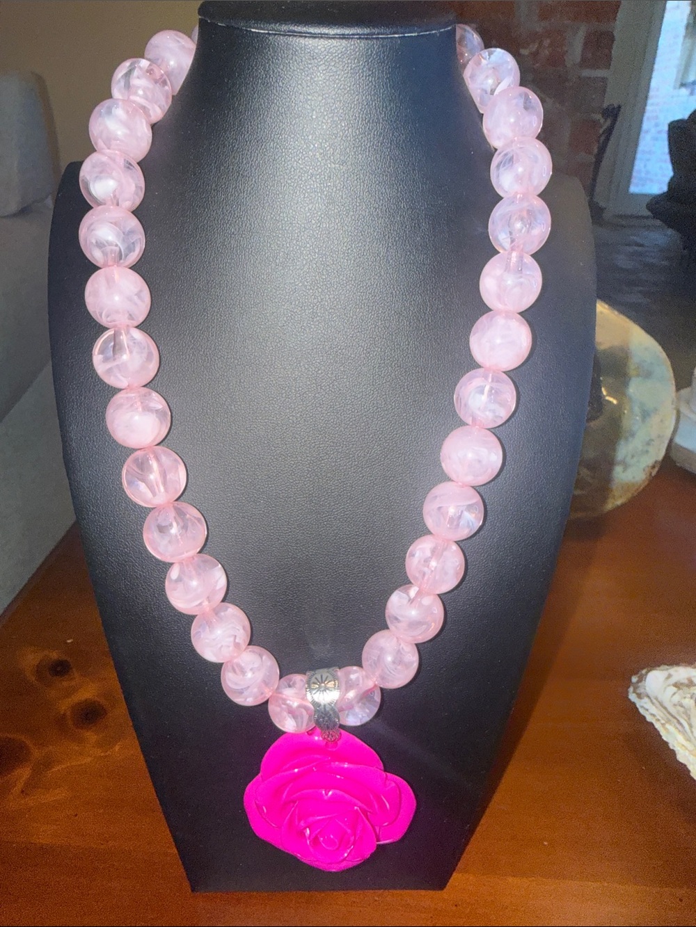 Women’s Pink Beaded Necklace with Rose Pendant